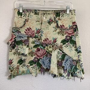 Cream Floral Tapestry Distress Asymmetrical Whimsical Fairy Grunge Mini Skirt XS